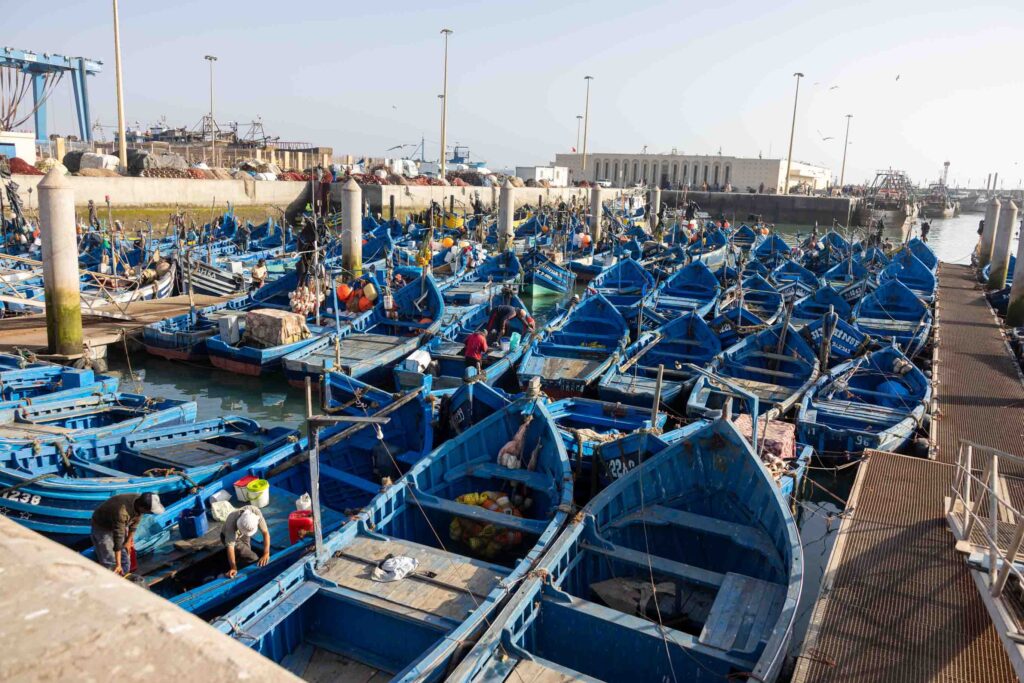 Die typischen Blauen Fischerboote im Hafen von Essaouira